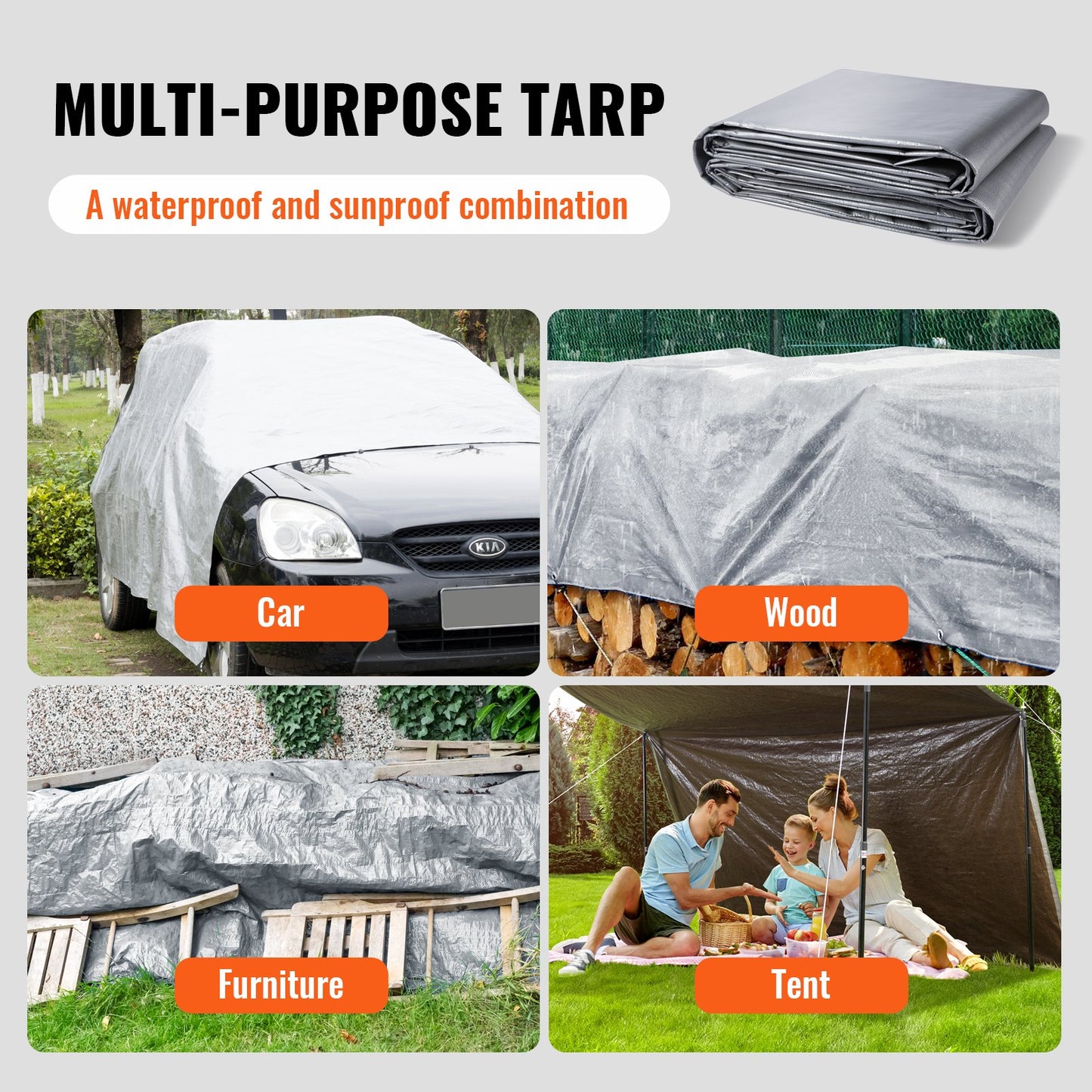 VEVOR Tarp Waterproof Tarpaulin 12 x 20 ft 10Mil Plastic Poly Tear UV Resistant