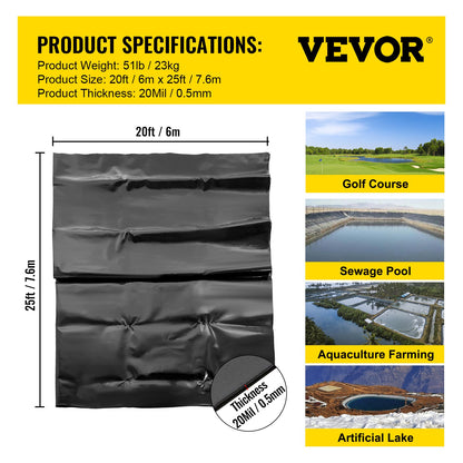 VEVOR LLDPE Pond Liner 20x25 ft, Pond Liner 20 Mil, Fish Pond Liners for Waterfall,