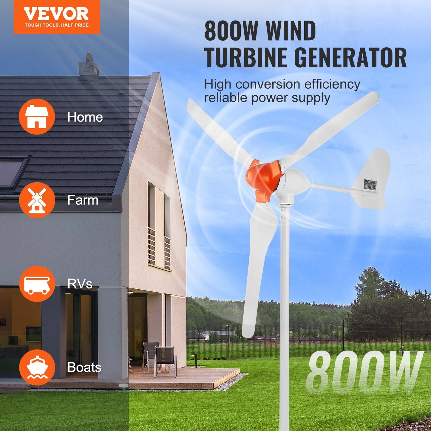 800W 12V Wind Turbine Kit with MPPT Controller, 3-Blade, 1.5m Diameter