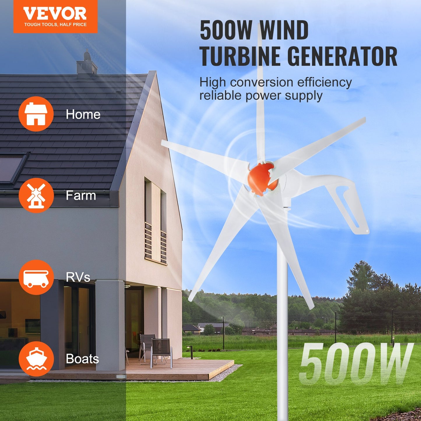 VEVOR 500W Wind Turbine Generator, 12V Wind Turbine Kit, 5-Blade Wind Power Generator