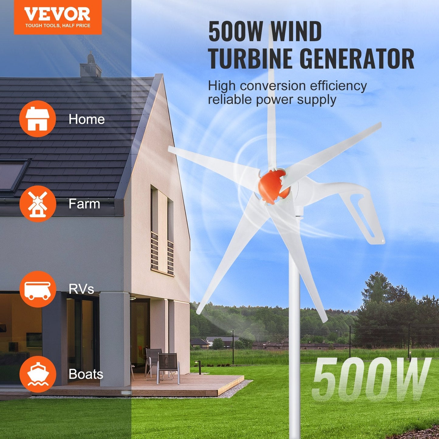 500W 12V Wind Turbine Kit with MPPT Controller & 5 Fiberglass Blades