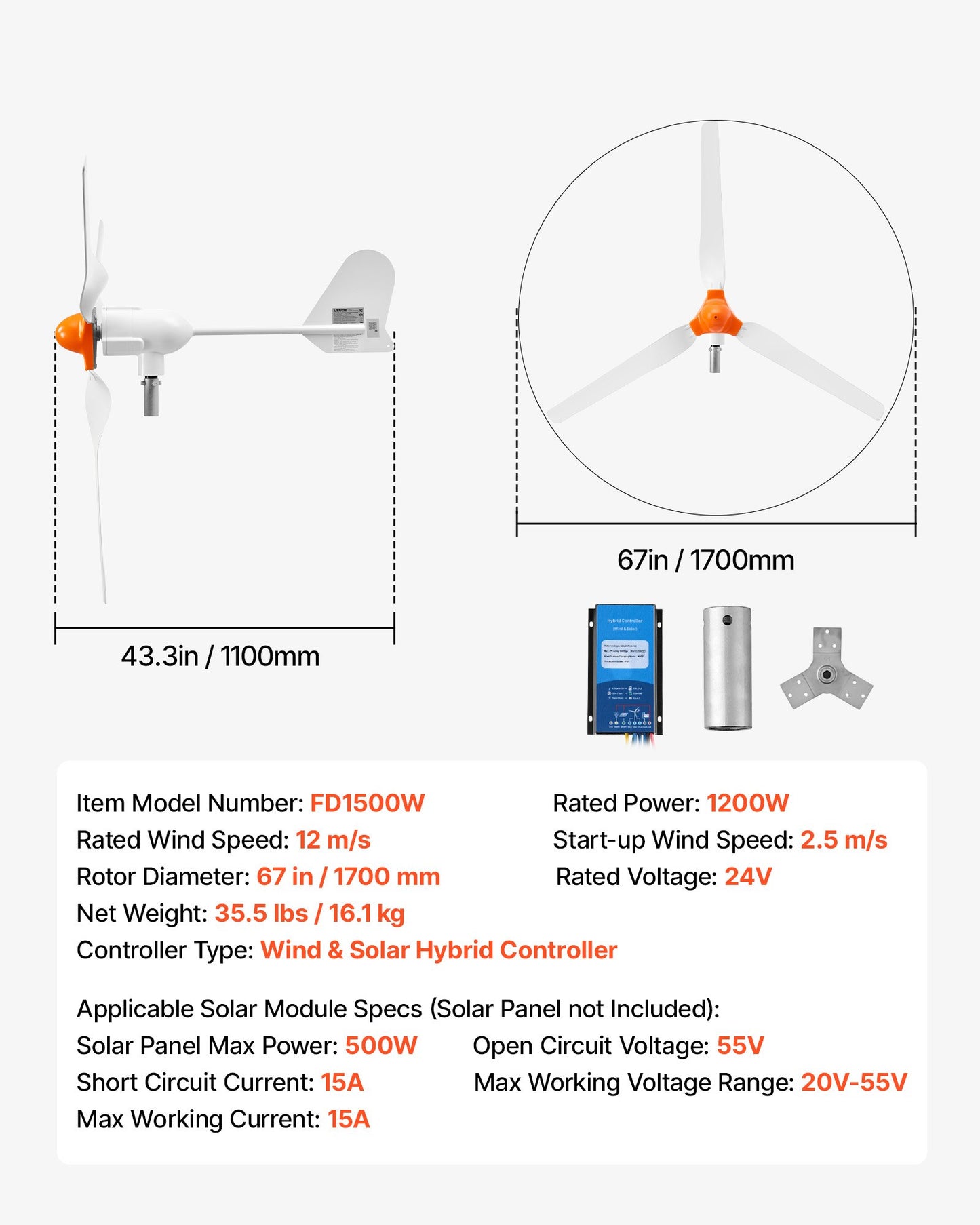 1200W 24V Wind Turbine Generator, 3-Blade Wind Turbine Kit with Wind/Solar Hybrid Controller, Efficient 3-Phase AC Permanent Wind Power Generator for RV Boat Home Farm (Tower Pole Not Included)