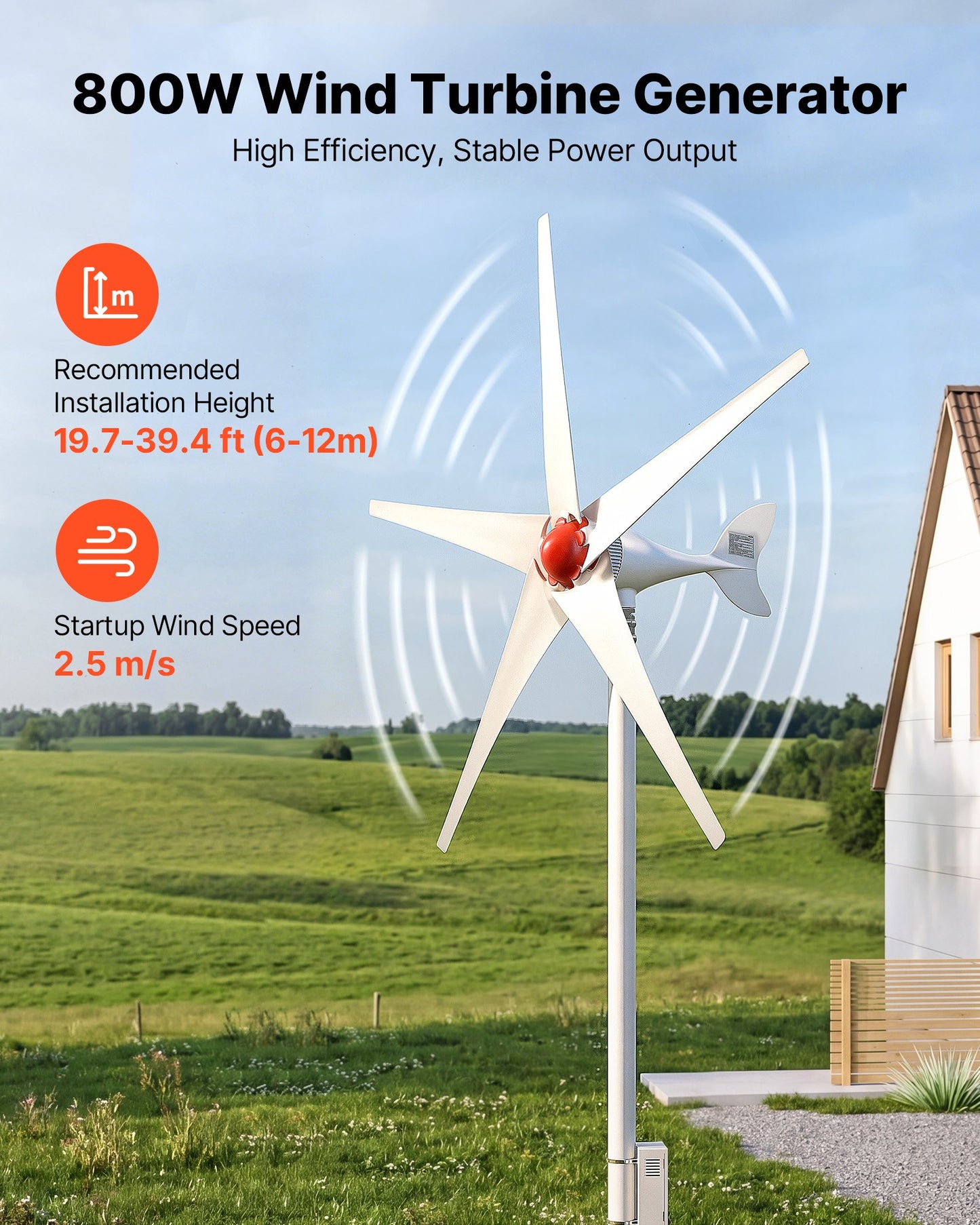 800W 12V Wind Turbine Generator, 5-Blade Wind Turbine Kit with Wind & Solar Hybrid Controller, Efficient 3-Phase AC Permanent Wind Power Generator for RV Boat Home Farm (Tower Pole Not Included)