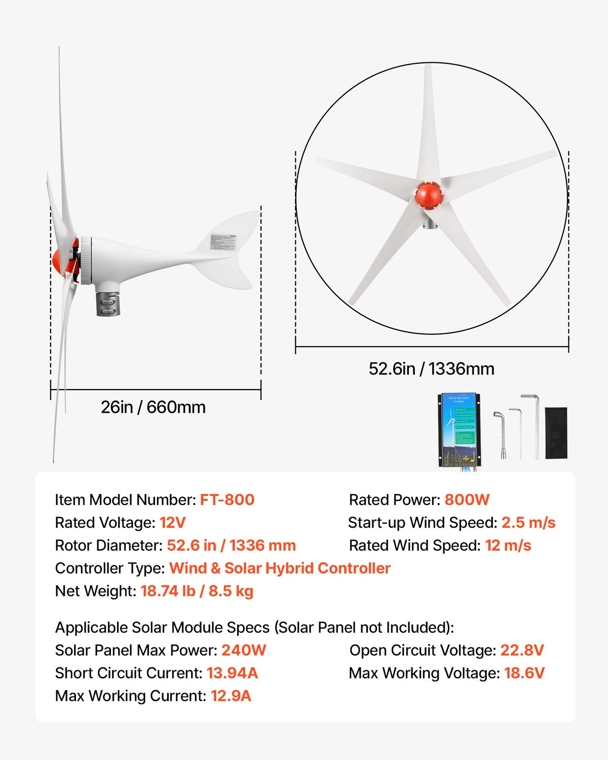 800W 12V Wind Turbine Generator, 5-Blade Wind Turbine Kit with Wind & Solar Hybrid Controller, Efficient 3-Phase AC Permanent Wind Power Generator for RV Boat Home Farm (Tower Pole Not Included)