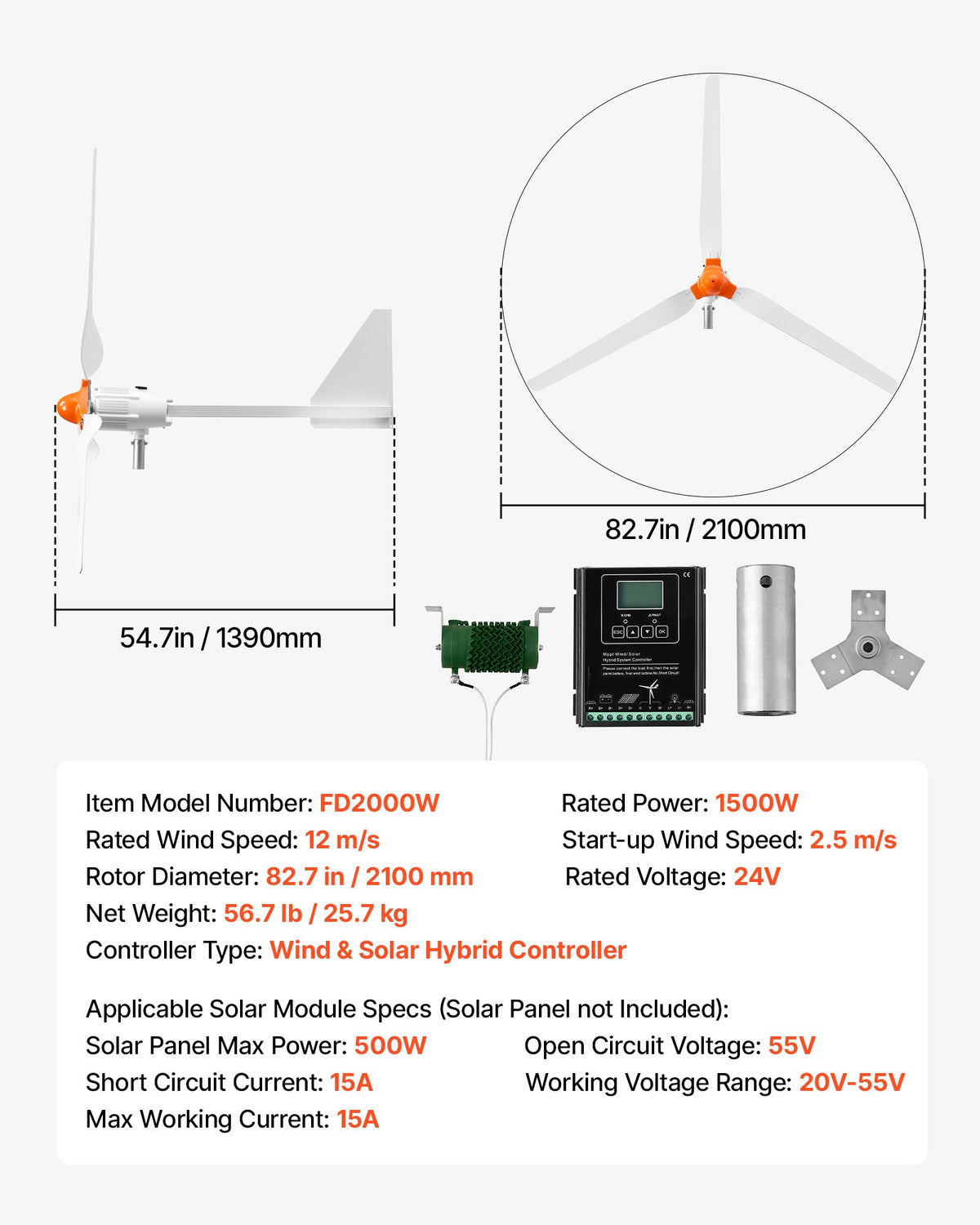 1500W 24V Wind Turbine Generator, 3-Blade Wind Turbine Kit with Wind/Solar Hybrid Controller, Efficient 3-Phase AC Permanent Wind Power Generator for RV Boat Home Farm (Tower Pole Not Included)