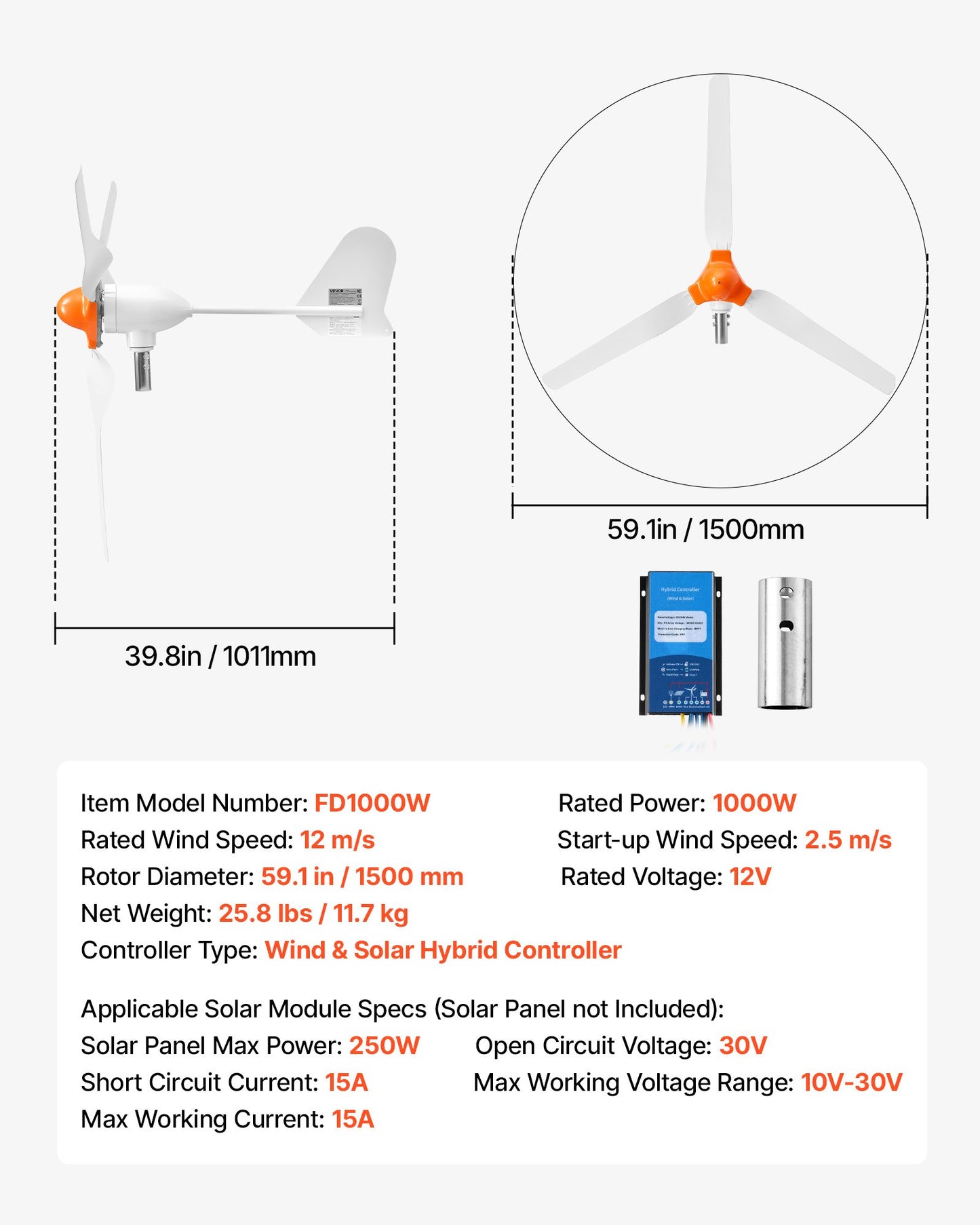 1000W 12V Wind Turbine Generator, 3-Blade Wind Turbine Kit with Wind/Solar Hybrid Controller, Efficient 3-Phase AC Permanent Wind Power Generator for RV Boat Home Farm (Tower Pole Not Include)