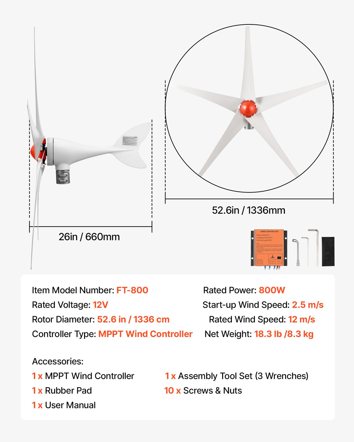 800W 12V Wind Turbine Generator, 5-Blade Wind Turbine Kit with MPPT Controller, High-Efficiency 3-Phase AC Permanent Wind Power Generator for RVs, Boats, Home, Farm (Tower Pole Not Included)