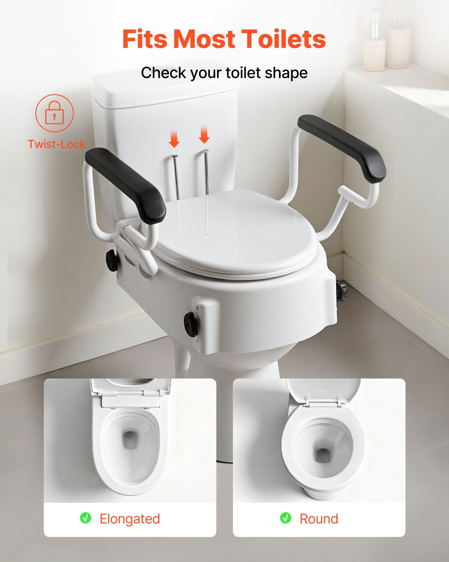 Raised Toilet Seat with Arms, 136.1 kg Load Capacity, 3-Level Adjustable Height, Widened Commode Elevated Toilet Seat Riser with Padded Handles for Seniors, Elderly, Handicap, Disabled, Adults
