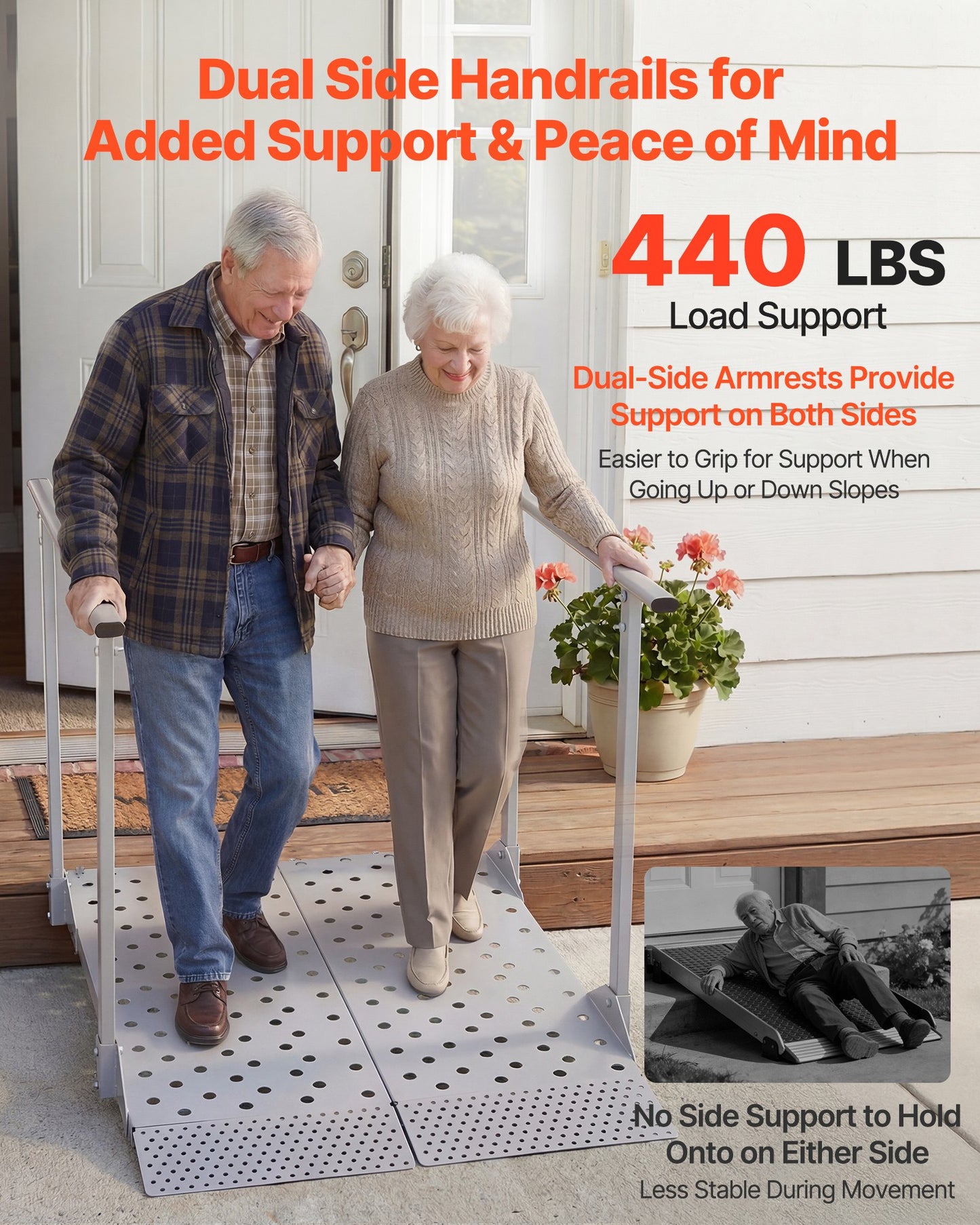 Wheelchair Ramp with Handrails, 1140 x 850 mm, Heavy Duty Aluminum Handicap Ramp, 199.6 kg Capacity, Non-Slip Portable Threshold Ramps for Home Steps, Stairs, Doorways, Curbs, Walkers, Scooters