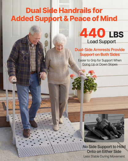 Wheelchair Ramp with Handrails, 1140 x 850 mm, Heavy Duty Aluminum Handicap Ramp, 199.6 kg Capacity, Non-Slip Portable Threshold Ramps for Home Steps, Stairs, Doorways, Curbs, Walkers, Scooters