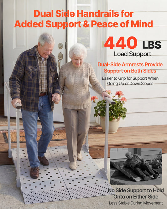 Wheelchair Ramp with Handrails, 1140 x 850 mm, Heavy Duty Aluminum Handicap Ramp, 199.6 kg Capacity, Non-Slip Portable Threshold Ramps for Home Steps, Stairs, Doorways, Curbs, Walkers, Scooters