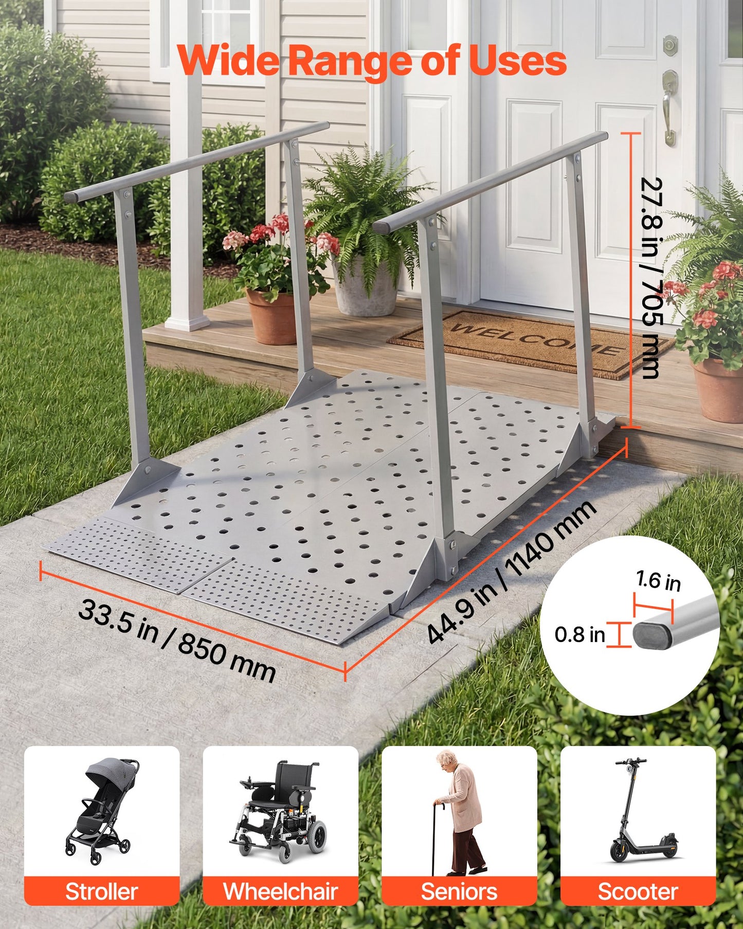 Wheelchair Ramp with Handrails, 1140 x 850 mm, Heavy Duty Aluminum Handicap Ramp, 199.6 kg Capacity, Non-Slip Portable Threshold Ramps for Home Steps, Stairs, Doorways, Curbs, Walkers, Scooters