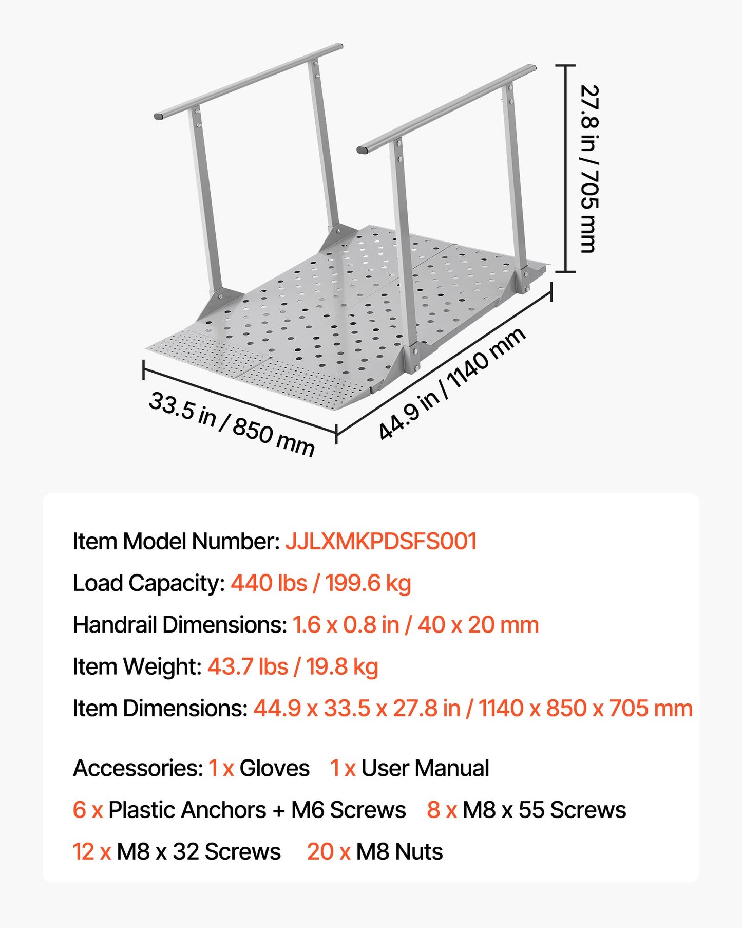 Wheelchair Ramp with Handrails, 1140 x 850 mm, Heavy Duty Aluminum Handicap Ramp, 199.6 kg Capacity, Non-Slip Portable Threshold Ramps for Home Steps, Stairs, Doorways, Curbs, Walkers, Scooters