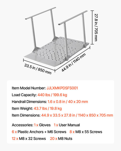 Wheelchair Ramp with Handrails, 1140 x 850 mm, Heavy Duty Aluminum Handicap Ramp, 199.6 kg Capacity, Non-Slip Portable Threshold Ramps for Home Steps, Stairs, Doorways, Curbs, Walkers, Scooters