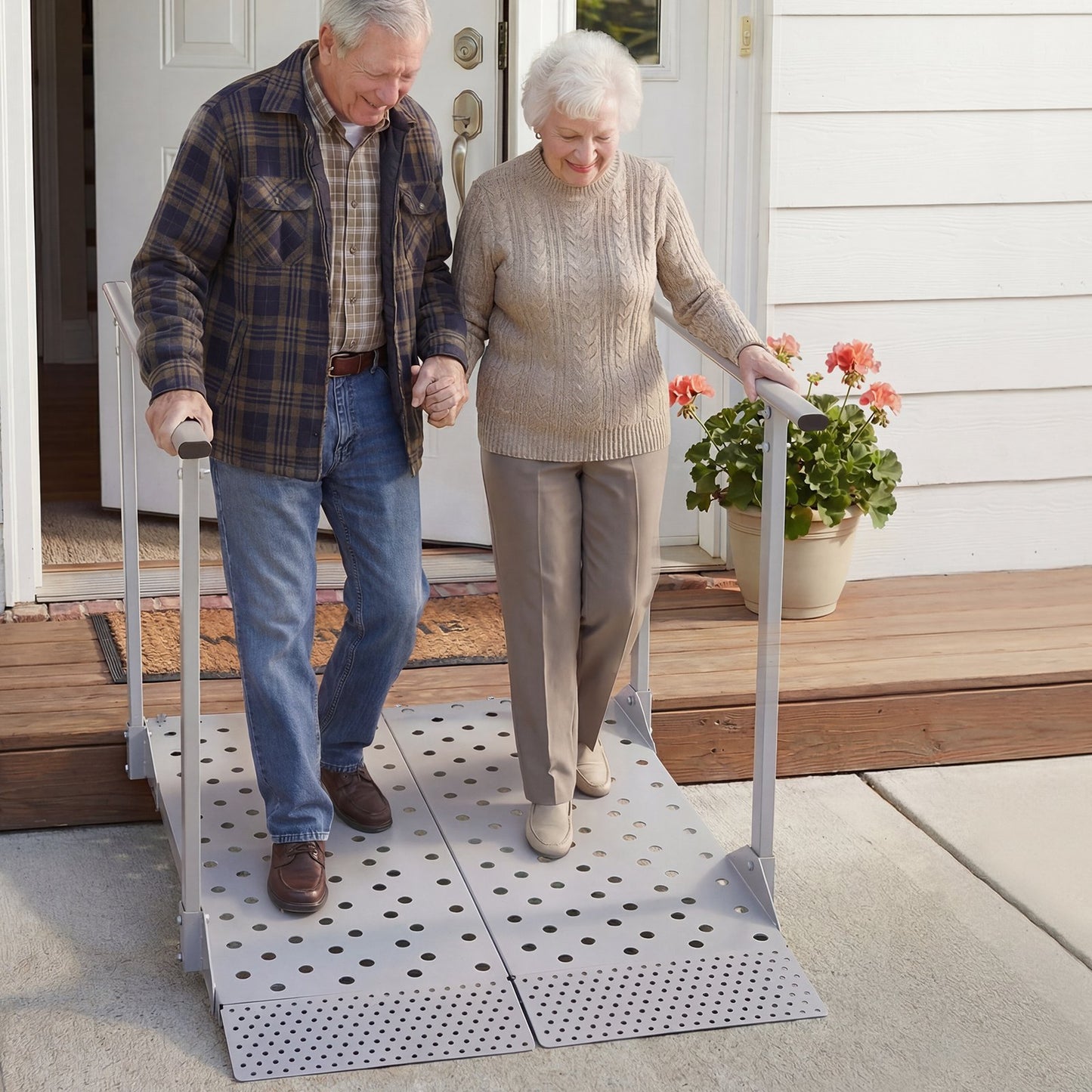Wheelchair Ramp with Handrails, 1140 x 850 mm, Heavy Duty Aluminum Handicap Ramp, 199.6 kg Capacity, Non-Slip Portable Threshold Ramps for Home Steps, Stairs, Doorways, Curbs, Walkers, Scooters