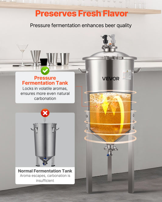 Stainless Steel Conical Fermenter, 8 Gal/30L Home Brewing Fermenation Tank, Brew Bucket Fermentor with Conical Bottom, 3 Adjustable Legs, Lid, Handle & Thermometer, for Wine, Beer Fermentation