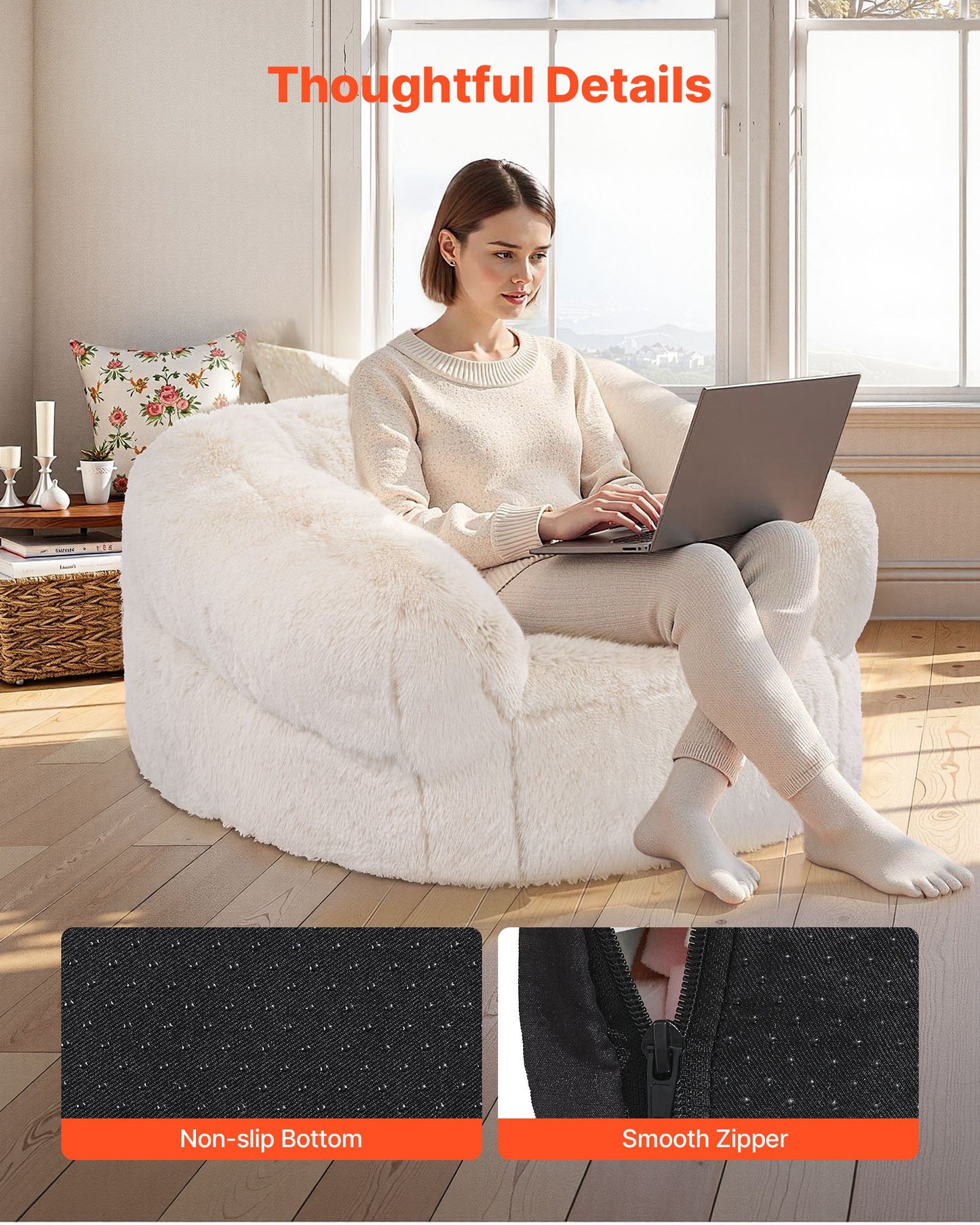Bean Bag Chair, BeanBag Sofa Chair with Armrests for Adults, Fluffy Plush & High-Density Foam Filling Adult Bean Bag with Zapper, Comfy Lazy Sofa Chair Ideal for Living Room, Bedroom, Beige