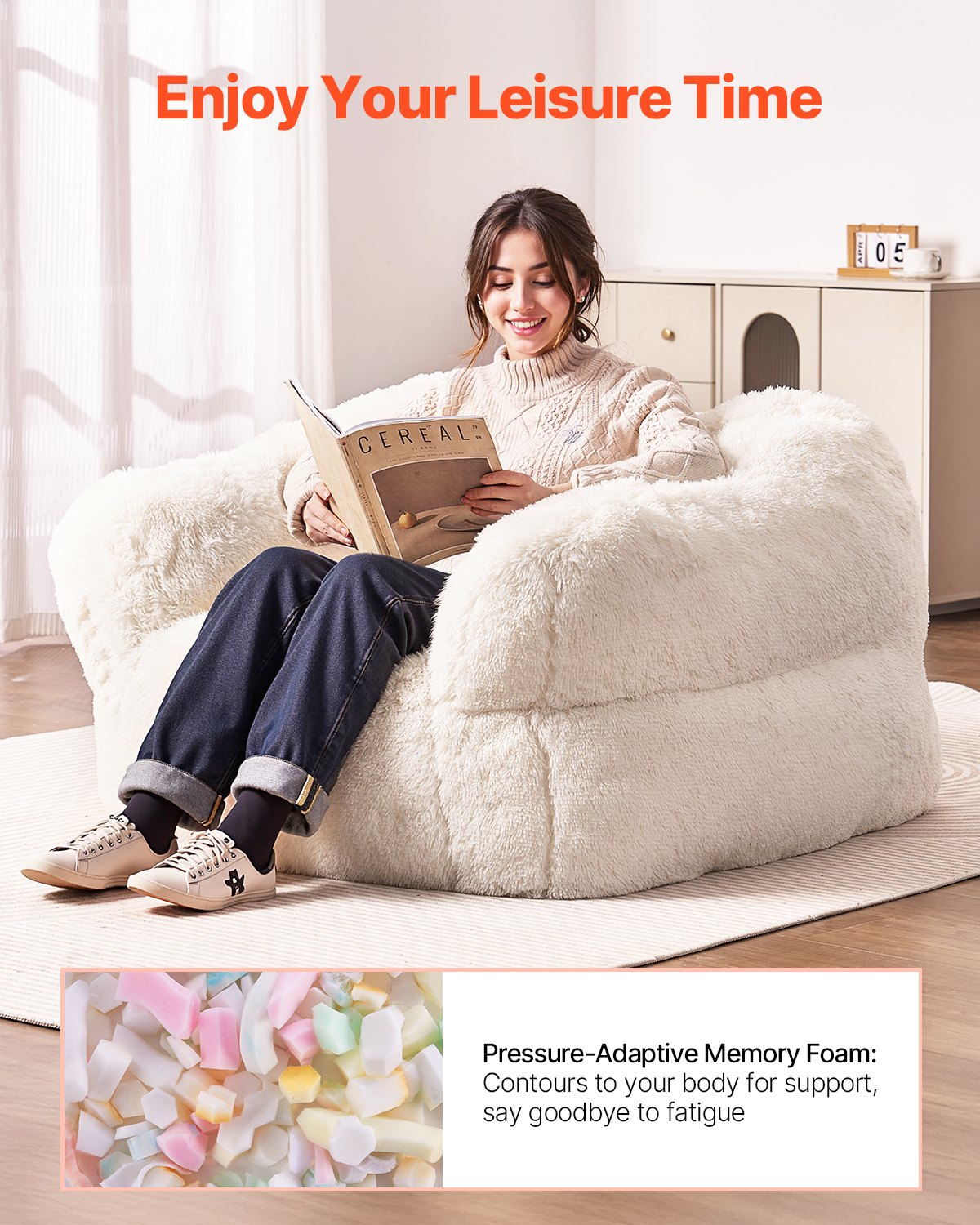 VEVOR Bean Bag Chair BeanBag Sofa Chair with Armrests for Adults Plush Beige