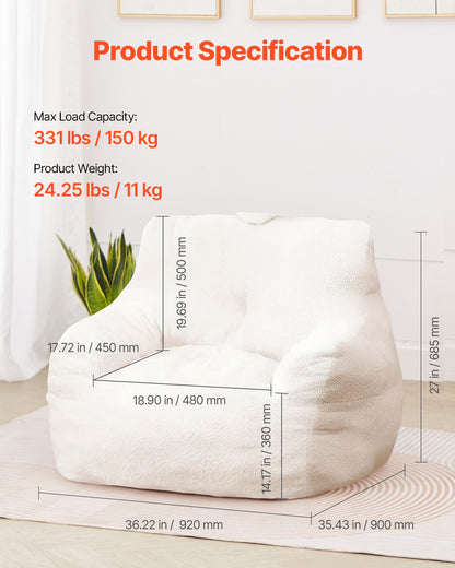 VEVOR 91 cm Bean Bag Chair with Soft Armrests and Storage Pocket White