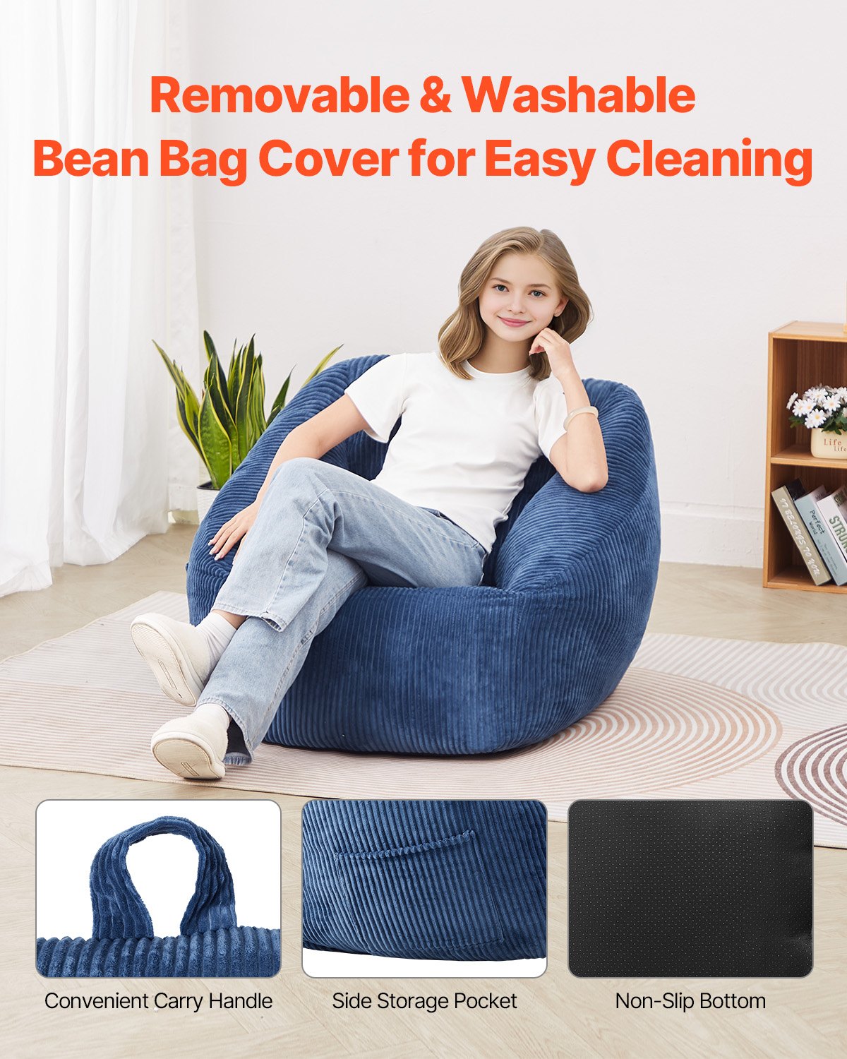 VEVOR 91 cm Bean Bag Chair with Soft Armrests and Storage Pocket Blue