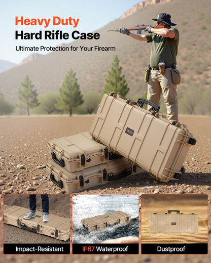 Hard Rifle Case, Lockable Rifle Case with 4 Layers Pre-cut Foams, 914 mm Gun Storage with Wheels, IP67 Waterproof & Dustproof Pistol Storage Cases for Rifles, Shotguns, Airsoft Guns, Khaki