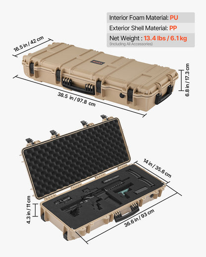 Hard Rifle Case, Lockable Rifle Case with 4 Layers Pre-cut Foams, 914 mm Gun Storage with Wheels, IP67 Waterproof & Dustproof Pistol Storage Cases for Rifles, Shotguns, Airsoft Guns, Khaki