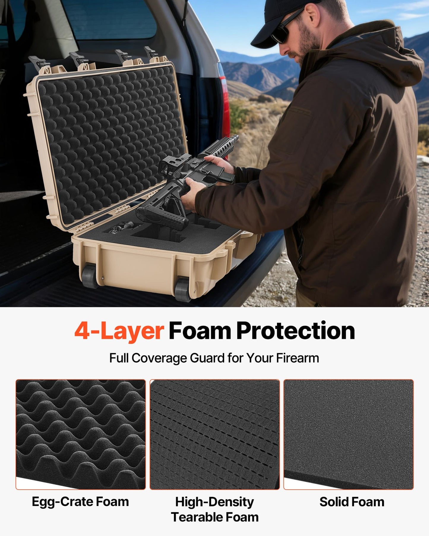 Hard Rifle Case, Lockable Rifle Case with 4 Layers Pre-cut Foams, 914 mm Gun Storage with Wheels, IP67 Waterproof & Dustproof Pistol Storage Cases for Rifles, Shotguns, Airsoft Guns, Khaki