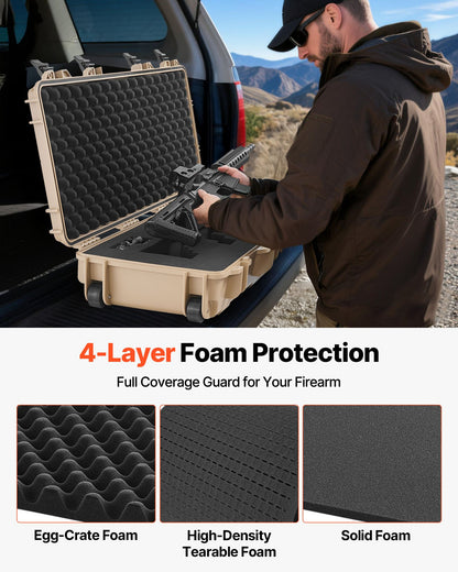 Hard Rifle Case, Lockable Rifle Case with 4 Layers Pre-cut Foams, 914 mm Gun Storage with Wheels, IP67 Waterproof & Dustproof Pistol Storage Cases for Rifles, Shotguns, Airsoft Guns, Khaki