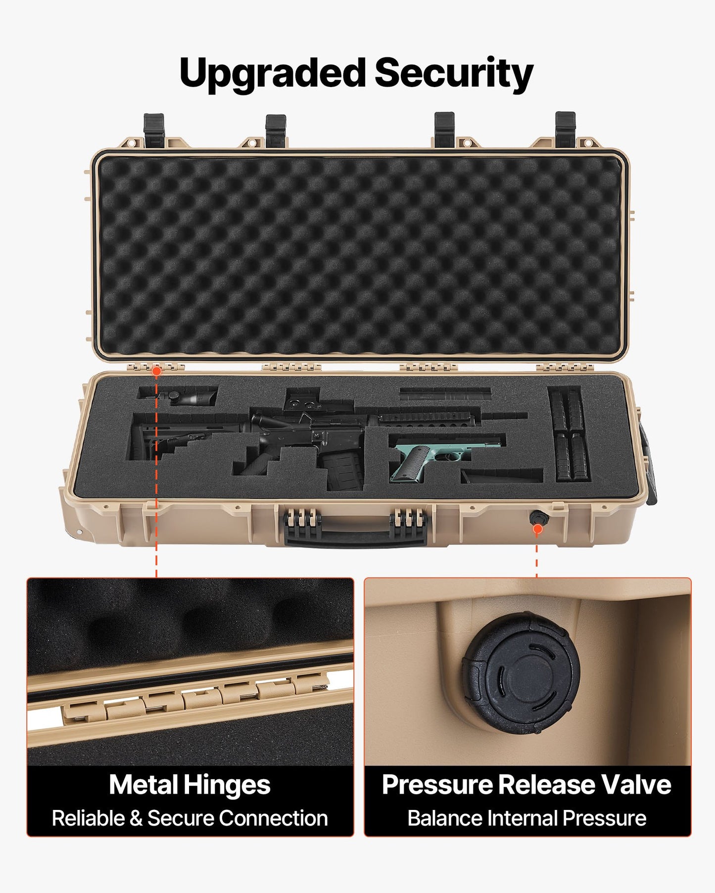 Hard Rifle Case, Lockable Rifle Case with 4 Layers Pre-cut Foams, 914 mm Gun Storage with Wheels, IP67 Waterproof & Dustproof Pistol Storage Cases for Rifles, Shotguns, Airsoft Guns, Khaki