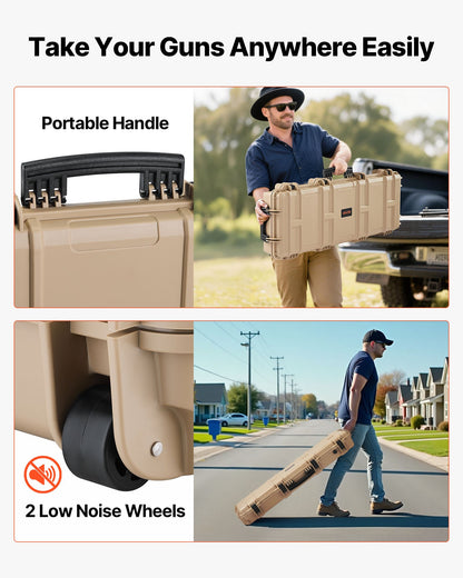 Hard Rifle Case, Lockable Rifle Case with 4 Layers Pre-cut Foams, 914 mm Gun Storage with Wheels, IP67 Waterproof & Dustproof Pistol Storage Cases for Rifles, Shotguns, Airsoft Guns, Khaki