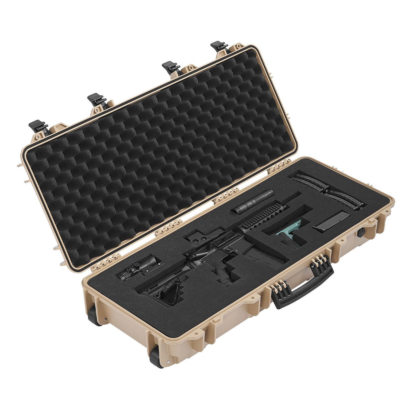 Hard Rifle Case, Lockable Rifle Case with 4 Layers Pre-cut Foams, 914 mm Gun Storage with Wheels, IP67 Waterproof & Dustproof Pistol Storage Cases for Rifles, Shotguns, Airsoft Guns, Khaki