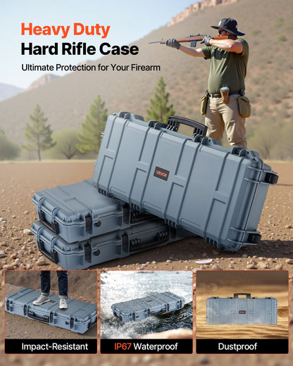 Hard Rifle Case, Lockable Rifle Case with 4 Layers Pre-cut Foams, 914 mm Gun Storage with Wheels, IP67 Waterproof & Dustproof Pistol Storage Cases for Rifles, Shotguns, Airsoft Guns, Grey