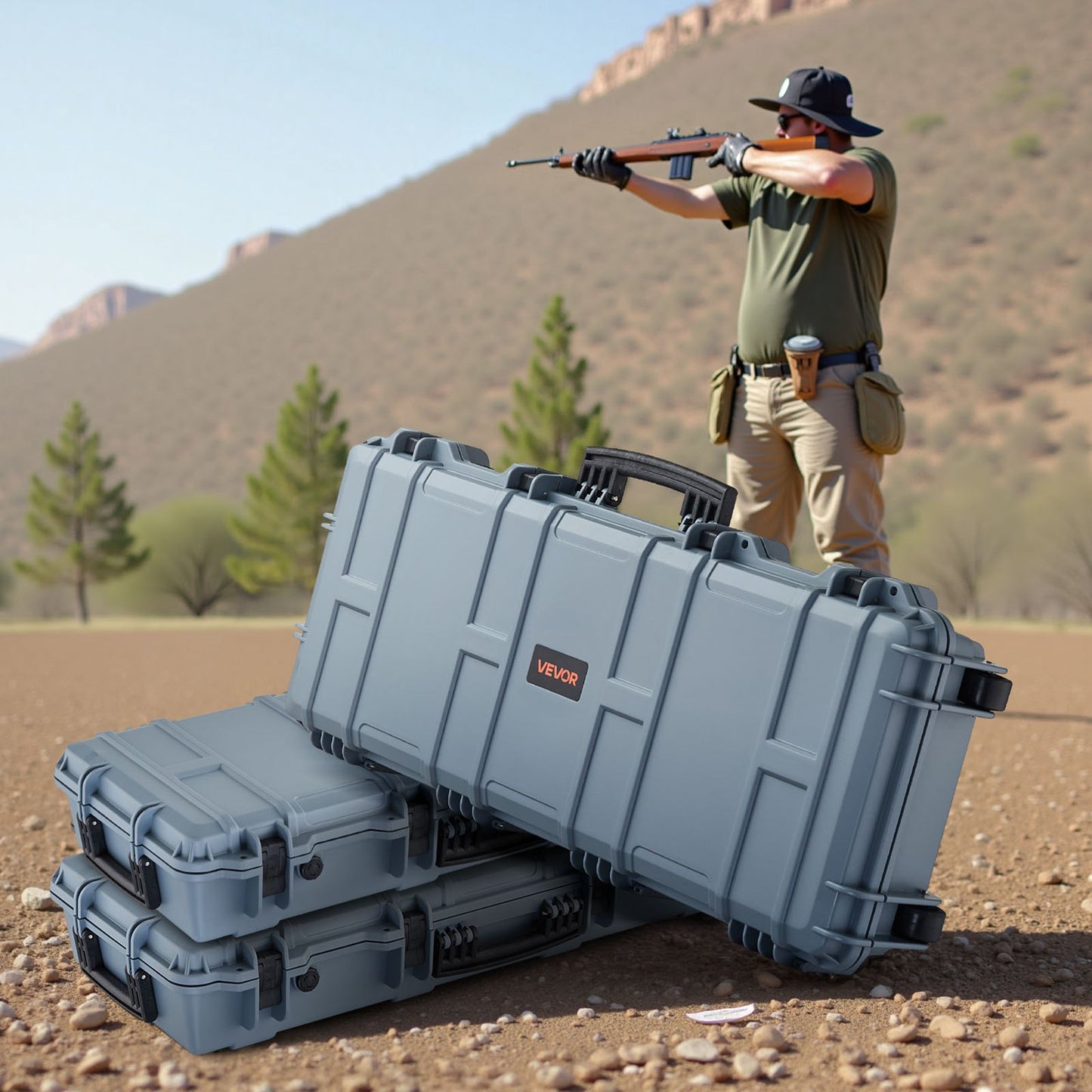 Hard Rifle Case, Lockable Rifle Case with 4 Layers Pre-cut Foams, 914 mm Gun Storage with Wheels, IP67 Waterproof & Dustproof Pistol Storage Cases for Rifles, Shotguns, Airsoft Guns, Grey