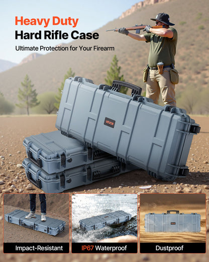 Hard Rifle Case, Lockable Rifle Case with Pre-cut Foams, 1016 mm Gun Storage with Wheels, IP67 Waterproof & Dustproof Movable Large Pistol Storage for Rifles, Shotguns, Airsoft Guns, Grey