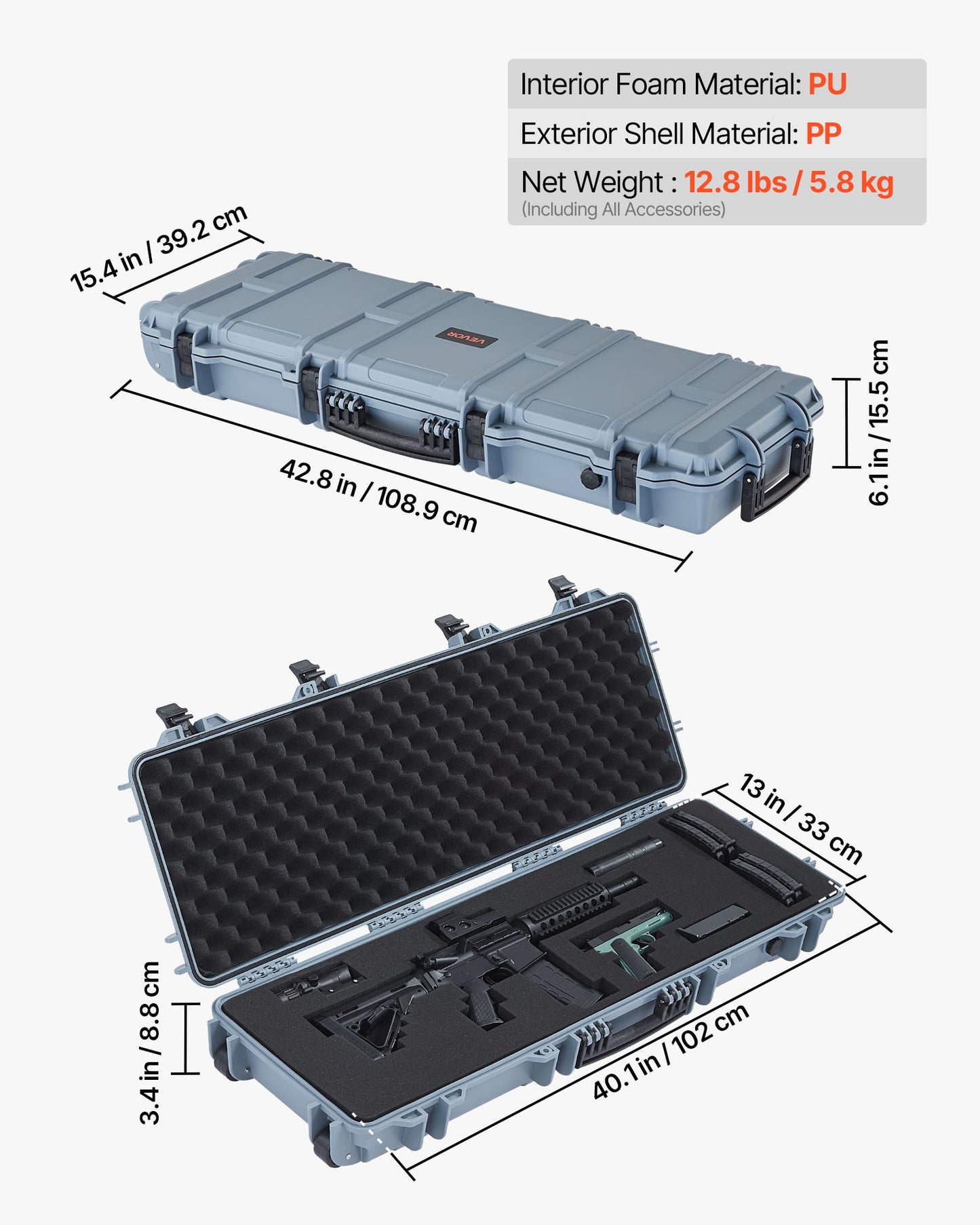 Hard Rifle Case, Lockable Rifle Case with Pre-cut Foams, 1016 mm Gun Storage with Wheels, IP67 Waterproof & Dustproof Movable Large Pistol Storage for Rifles, Shotguns, Airsoft Guns, Grey