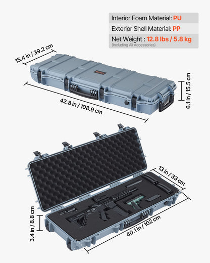 Hard Rifle Case, Lockable Rifle Case with Pre-cut Foams, 1016 mm Gun Storage with Wheels, IP67 Waterproof & Dustproof Movable Large Pistol Storage for Rifles, Shotguns, Airsoft Guns, Grey