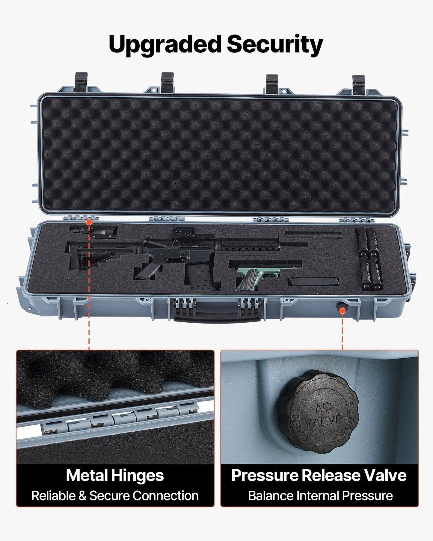 Hard Rifle Case, Lockable Rifle Case with Pre-cut Foams, 1016 mm Gun Storage with Wheels, IP67 Waterproof & Dustproof Movable Large Pistol Storage for Rifles, Shotguns, Airsoft Guns, Grey