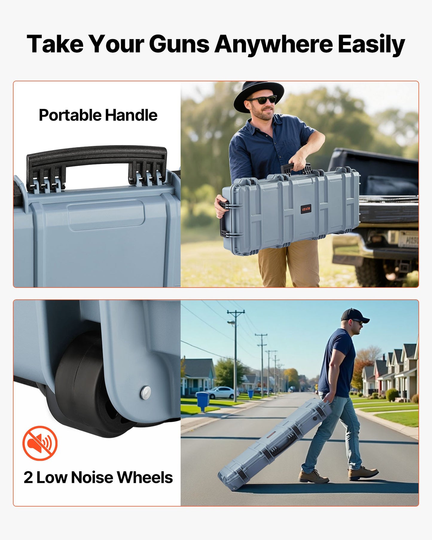 Hard Rifle Case, Lockable Rifle Case with Pre-cut Foams, 1016 mm Gun Storage with Wheels, IP67 Waterproof & Dustproof Movable Large Pistol Storage for Rifles, Shotguns, Airsoft Guns, Grey