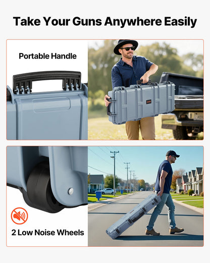 Hard Rifle Case, Lockable Rifle Case with Pre-cut Foams, 1016 mm Gun Storage with Wheels, IP67 Waterproof & Dustproof Movable Large Pistol Storage for Rifles, Shotguns, Airsoft Guns, Grey