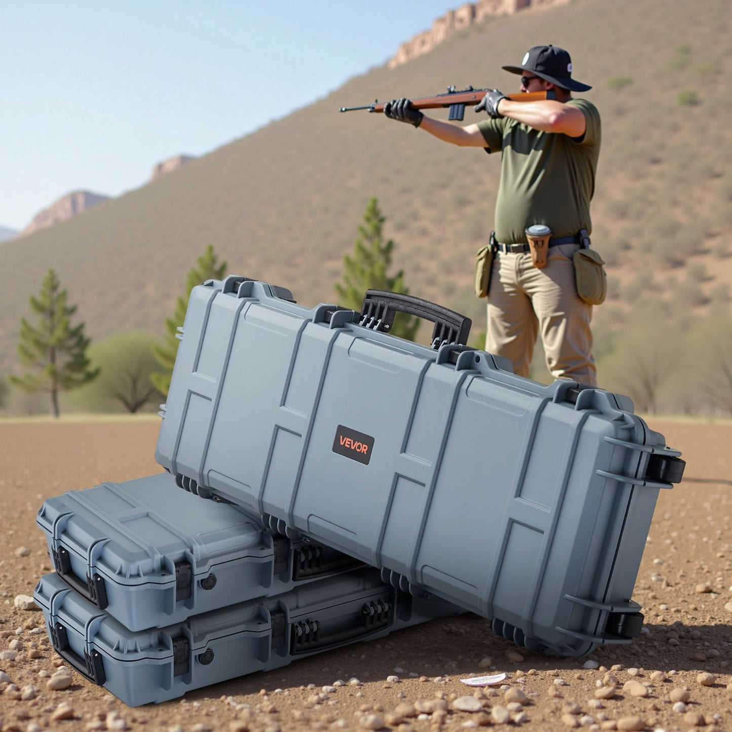 Hard Rifle Case, Lockable Rifle Case with Pre-cut Foams, 1016 mm Gun Storage with Wheels, IP67 Waterproof & Dustproof Movable Large Pistol Storage for Rifles, Shotguns, Airsoft Guns, Grey