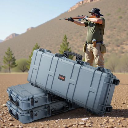 Hard Rifle Case, Lockable Rifle Case with Pre-cut Foams, 1016 mm Gun Storage with Wheels, IP67 Waterproof & Dustproof Movable Large Pistol Storage for Rifles, Shotguns, Airsoft Guns, Grey