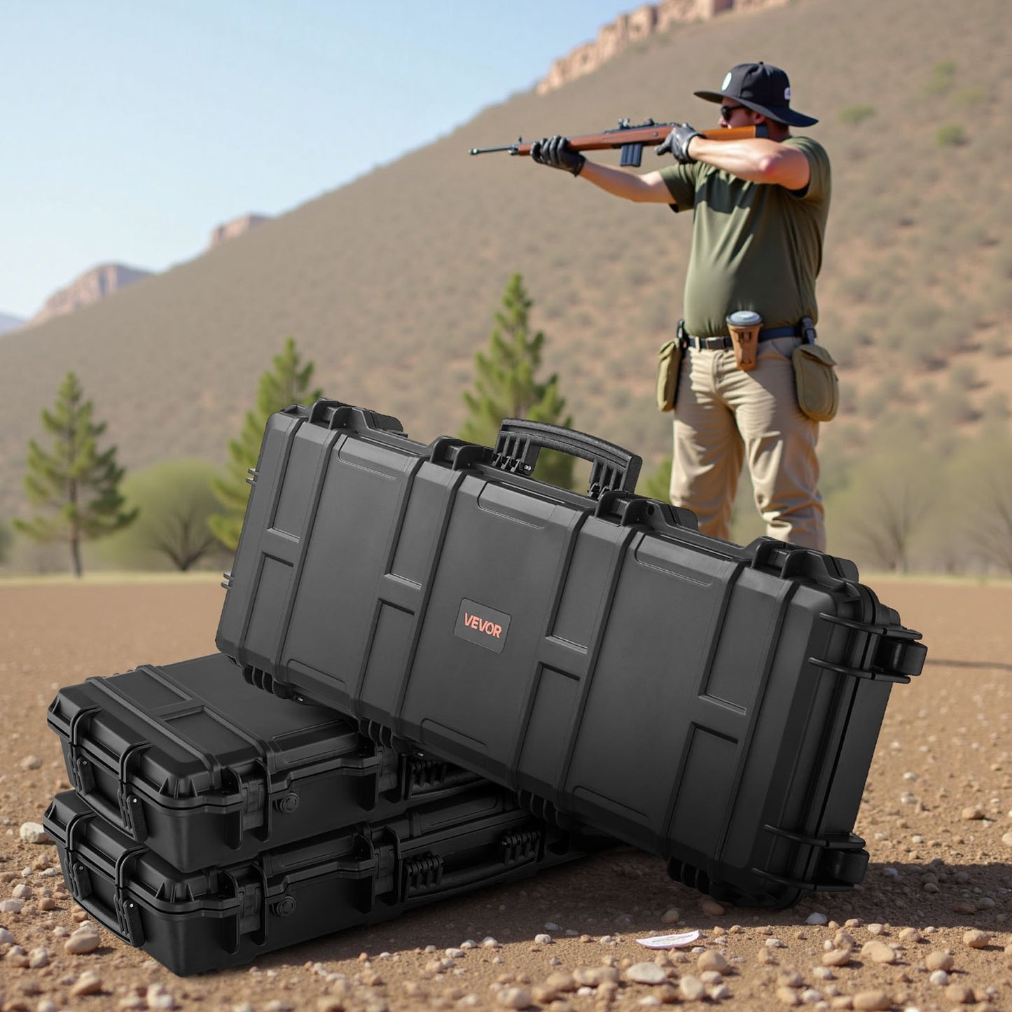 Hard Rifle Case, Lockable Rifle Case with Pre-cut Foams, 1016 mm Gun Storage with Wheels, IP67 Waterproof & Dustproof Movable Large Pistol Storage for Rifles, Shotguns, Airsoft Guns, Black