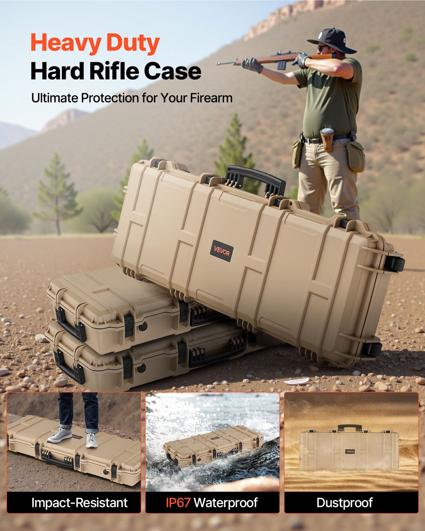 Hard Rifle Case, Lockable Rifle Case with Pre-cut Foams, 1016 mm Gun Storage with Wheels, IP67 Waterproof & Dustproof Movable Large Pistol Storage for Rifles, Shotguns, Airsoft Guns, Khaki
