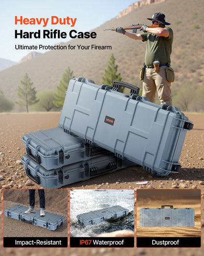 Hard Rifle Case, Lockable Rifle Case with Pre-cut Foams, 1066 mm Movable Gun Storage with Wheels, IP67 Waterproof & Dustproof Pistol Storage for Rifle, Shotgun, Airsoft Gun, Grey