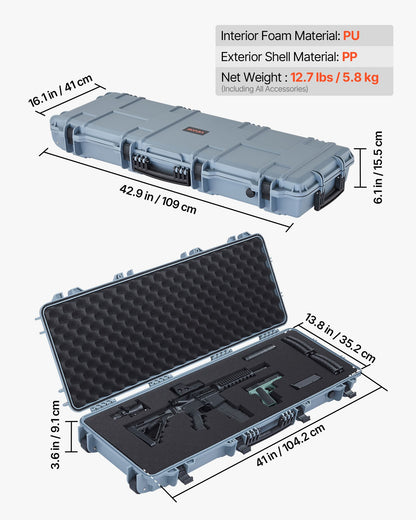 Hard Rifle Case, Lockable Rifle Case with Pre-cut Foams, 1066 mm Movable Gun Storage with Wheels, IP67 Waterproof & Dustproof Pistol Storage for Rifle, Shotgun, Airsoft Gun, Grey