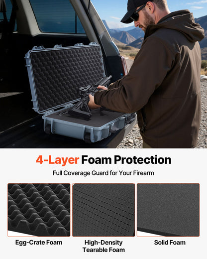 Hard Rifle Case, Lockable Rifle Case with Pre-cut Foams, 1066 mm Movable Gun Storage with Wheels, IP67 Waterproof & Dustproof Pistol Storage for Rifle, Shotgun, Airsoft Gun, Grey