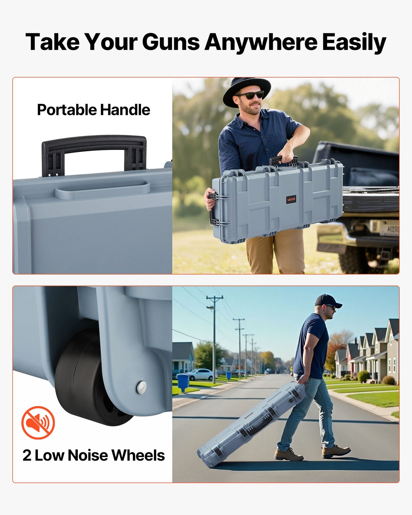 Hard Rifle Case, Lockable Rifle Case with Pre-cut Foams, 1066 mm Movable Gun Storage with Wheels, IP67 Waterproof & Dustproof Pistol Storage for Rifle, Shotgun, Airsoft Gun, Grey