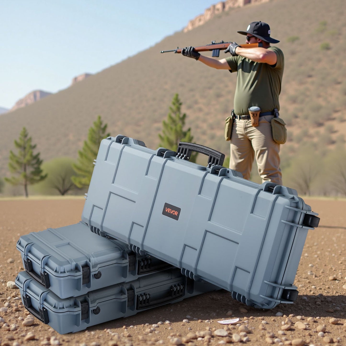 Hard Rifle Case, Lockable Rifle Case with Pre-cut Foams, 1066 mm Movable Gun Storage with Wheels, IP67 Waterproof & Dustproof Pistol Storage for Rifle, Shotgun, Airsoft Gun, Grey