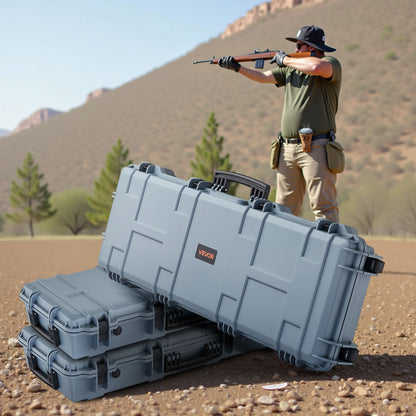 Hard Rifle Case, Lockable Rifle Case with Pre-cut Foams, 1066 mm Movable Gun Storage with Wheels, IP67 Waterproof & Dustproof Pistol Storage for Rifle, Shotgun, Airsoft Gun, Grey