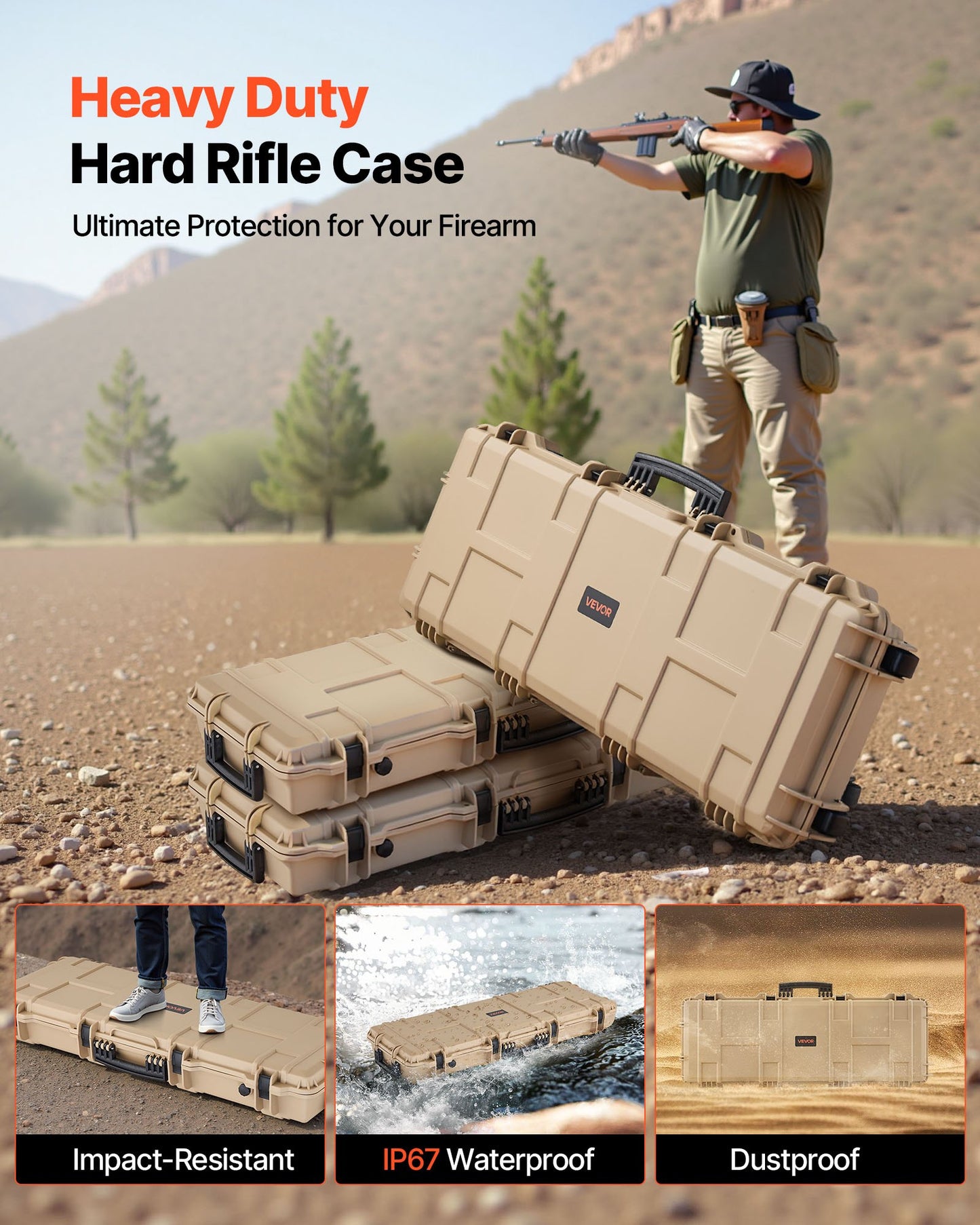 Hard Rifle Case, Lockable Rifle Case with Pre-cut Foams, 1066 mm Movable Gun Storage with Wheels, IP67 Waterproof & Dustproof Pistol Storage for Rifle, Shotgun, Airsoft Gun, Khaki